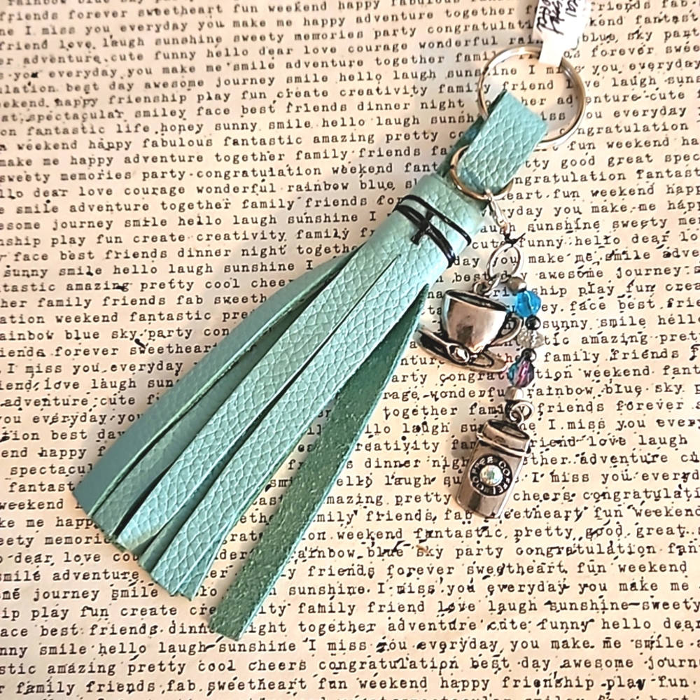 Handmade teal leather tassel keyring w coffee charms OOAK aromatherapy